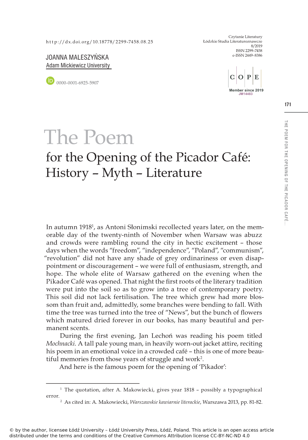 The Poem for the Opening of the Picador Café