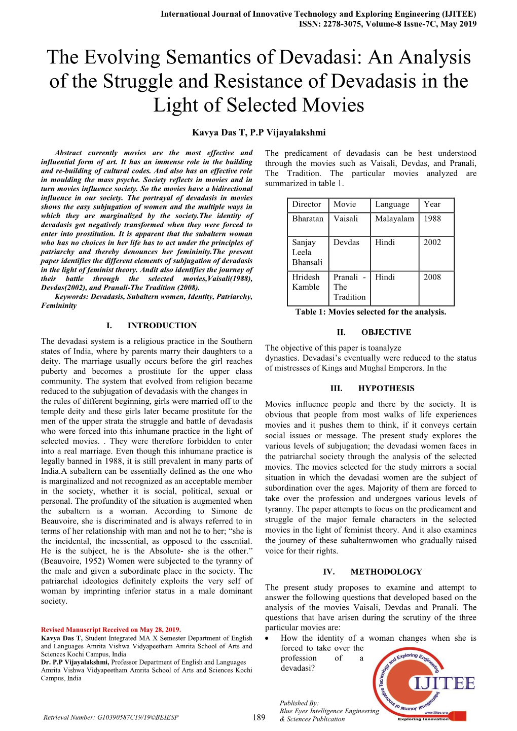 The Evolving Semantics of Devadasi: an Analysis of the Struggle and Resistance of Devadasis in the Light of Selected Movies