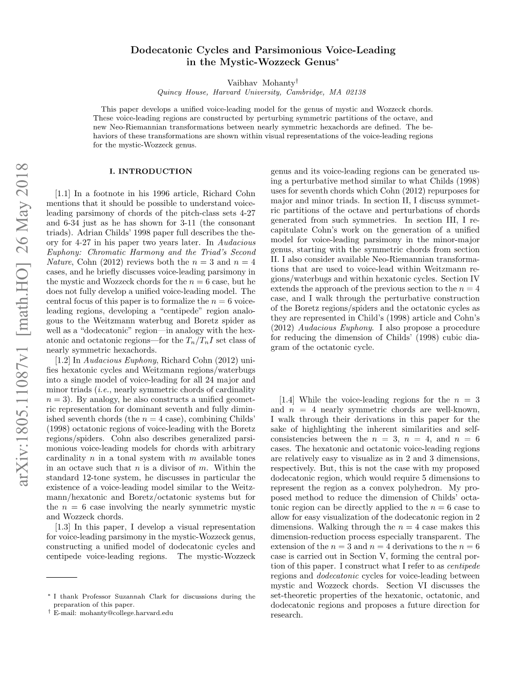 Arxiv:1805.11087V1 [Math.HO] 26 May 2018 Existence of a Voice-Leading Model Similar to the Weitz- Represent the Region As a Convex Polyhedron