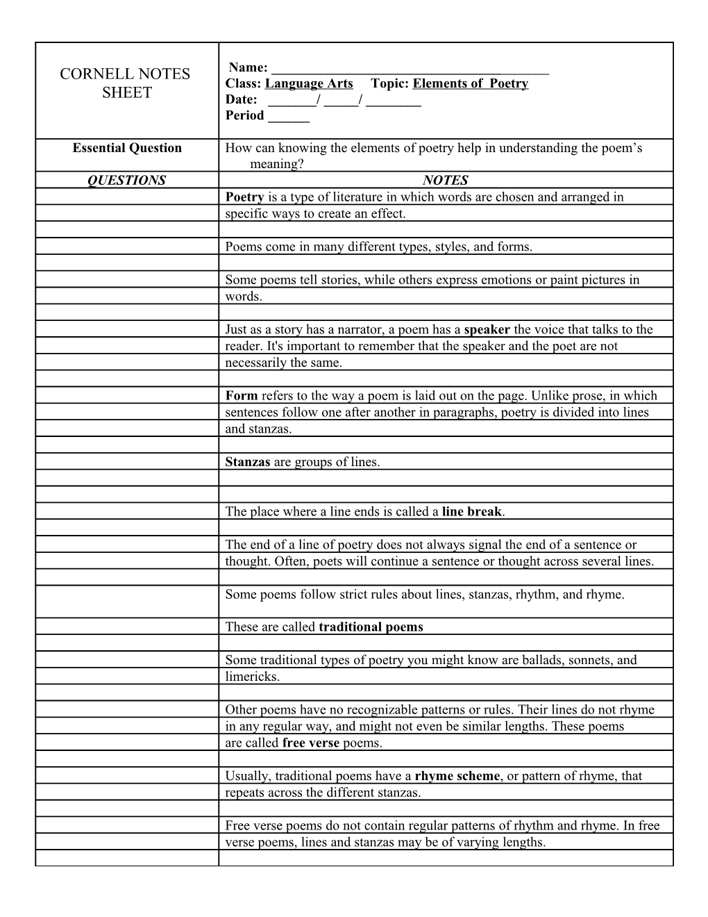 Cornell Notes Sheet