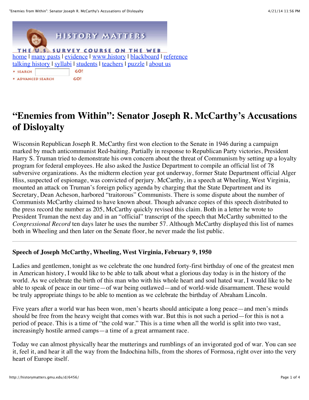 Senator Joseph R. Mccarthy's Accusations of Disloyalty 4/21/14 11:56 PM