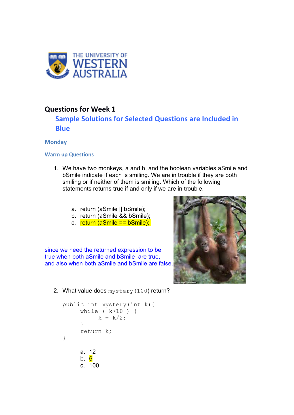 Questions for Week 1 Sample Solutions for Selected Questions Are Included in Blue