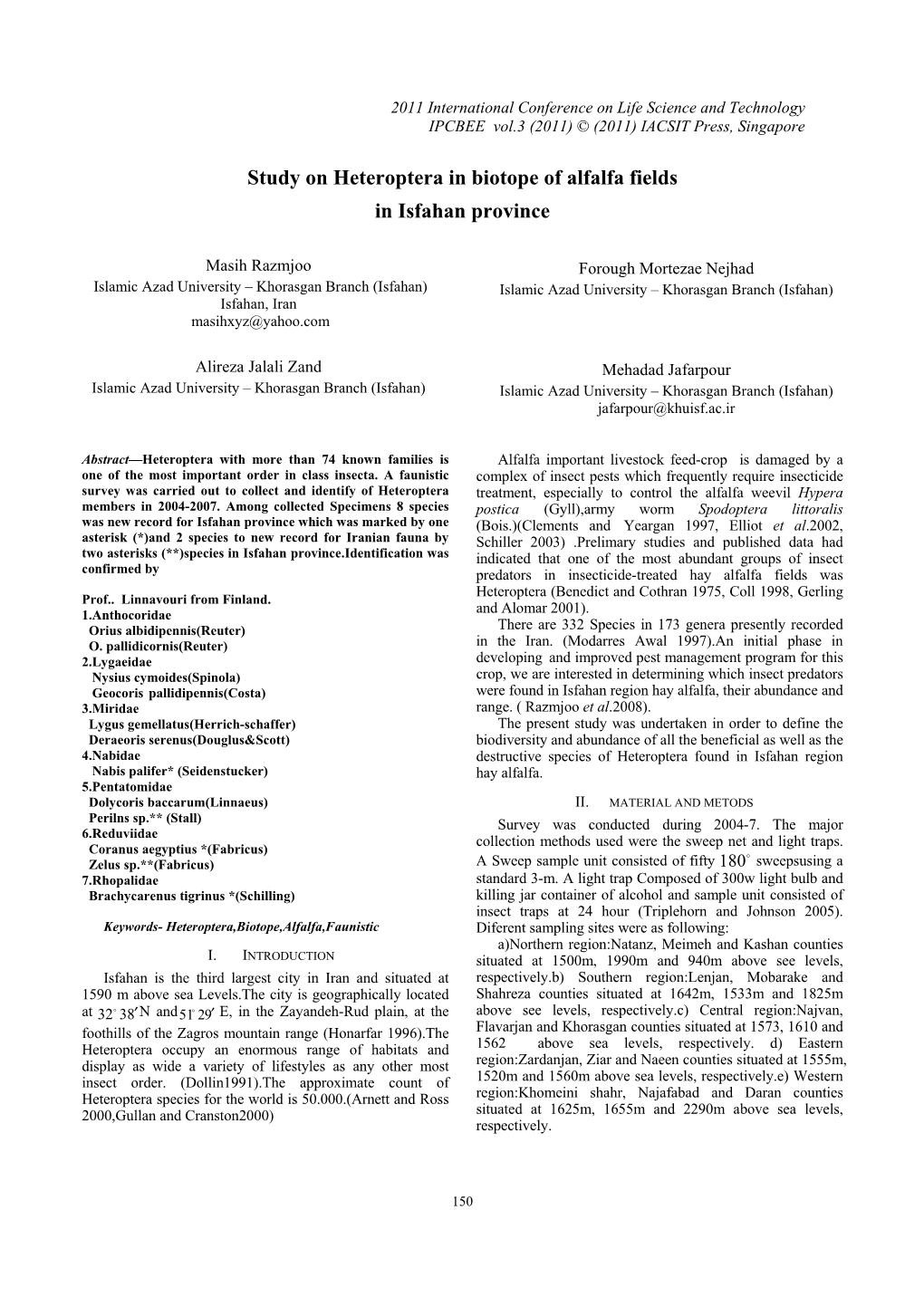 Study on Heteroptera in Biotope of Alfalfa Fields in Isfahan Province