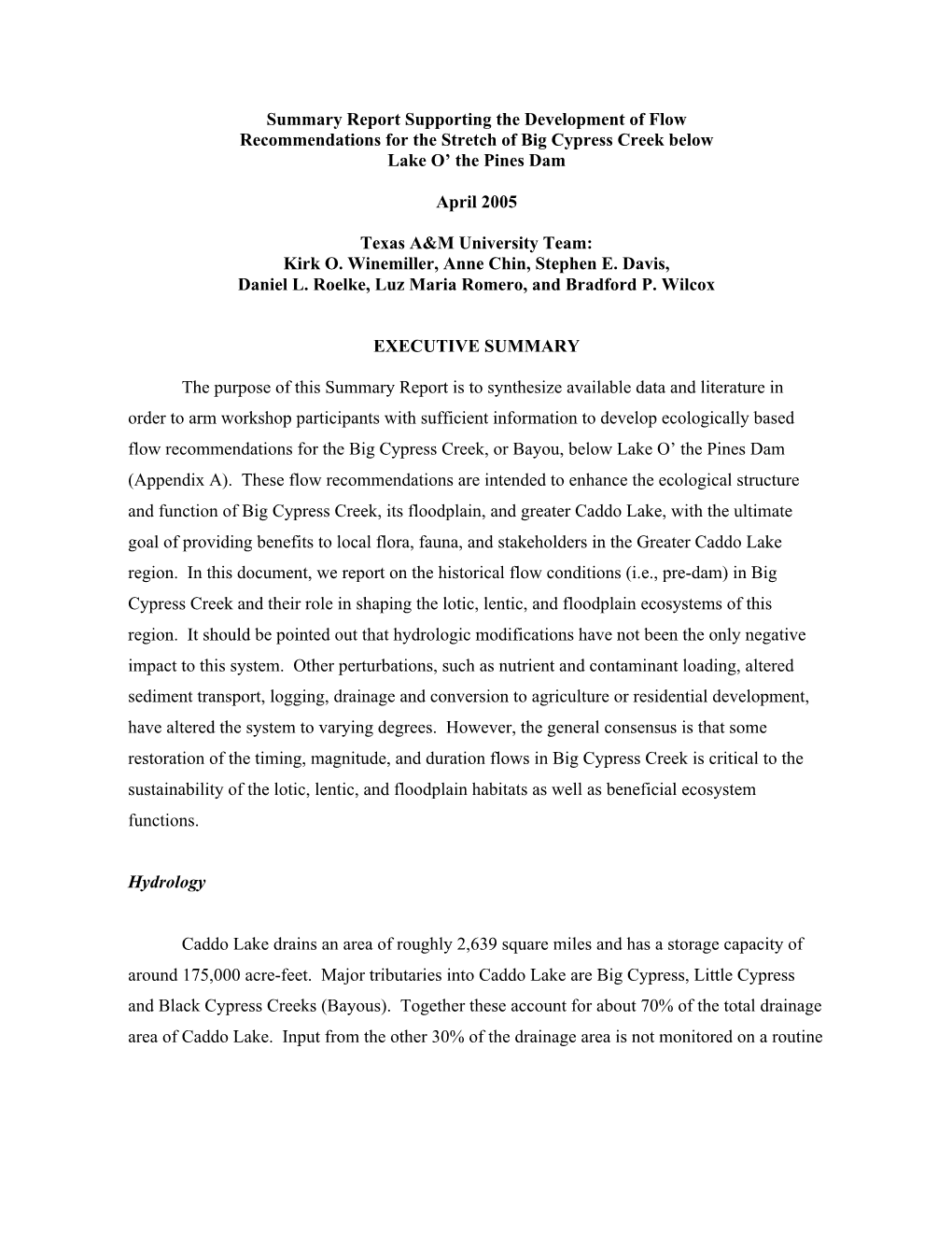 Summary Report Supporting the Development of Flow Recommendations for the Stretch of Big Cypress Creek Below Lake O' the Pines