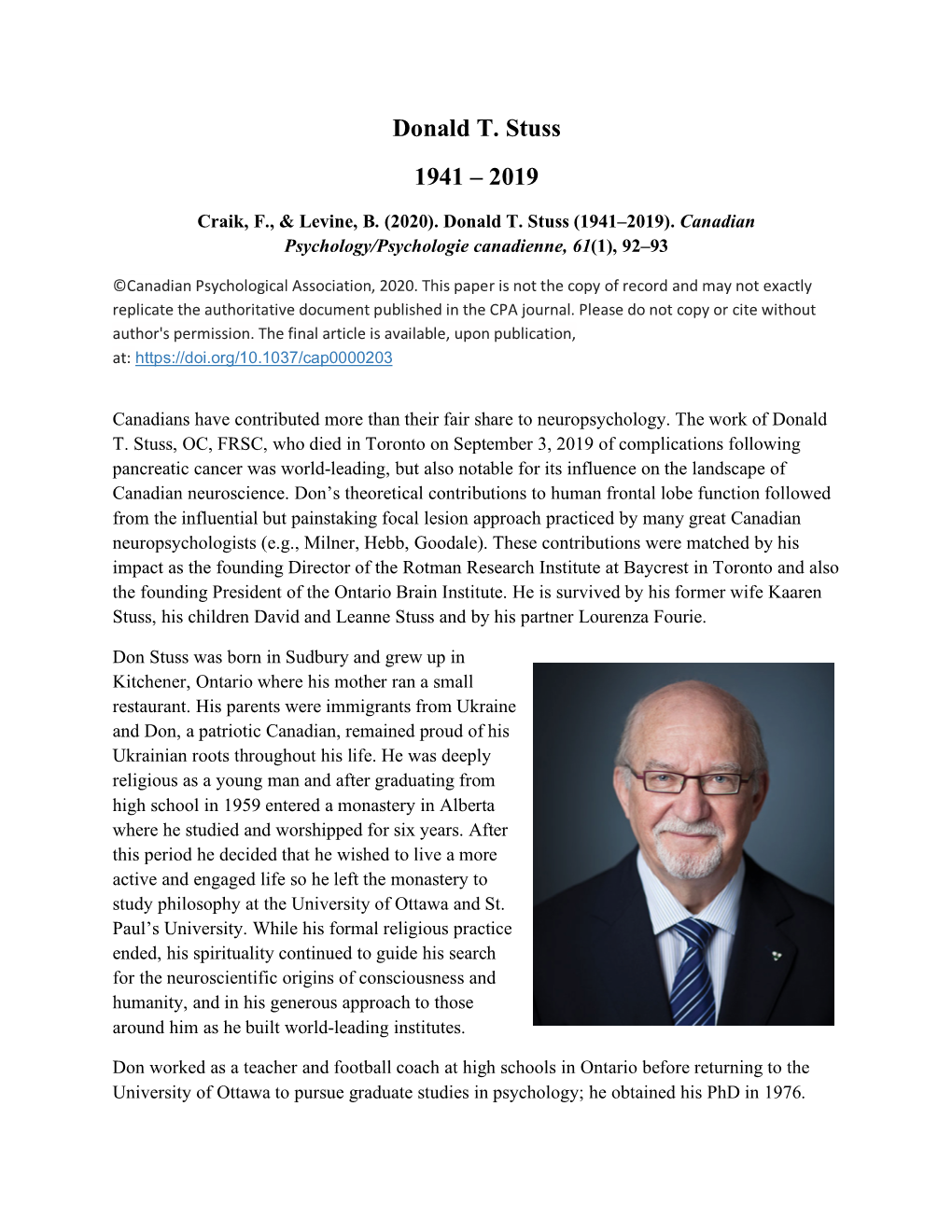 Don Stuss Obituary Canadian Psychology