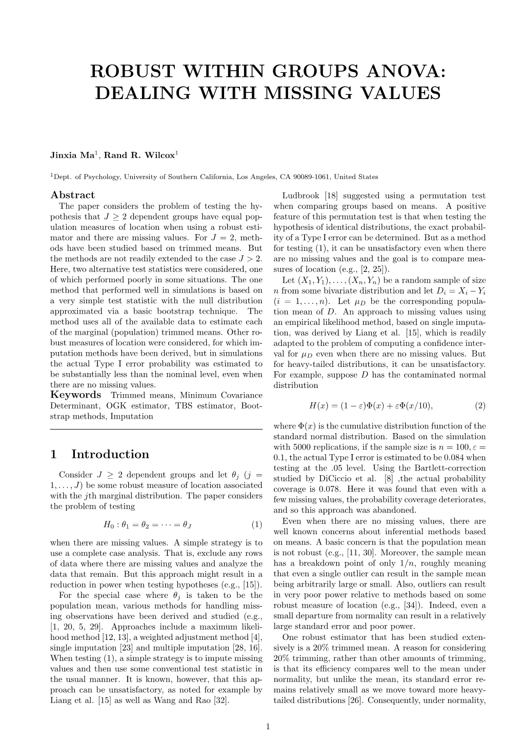 Robust Within Groups Anova: Dealing with Missing Values