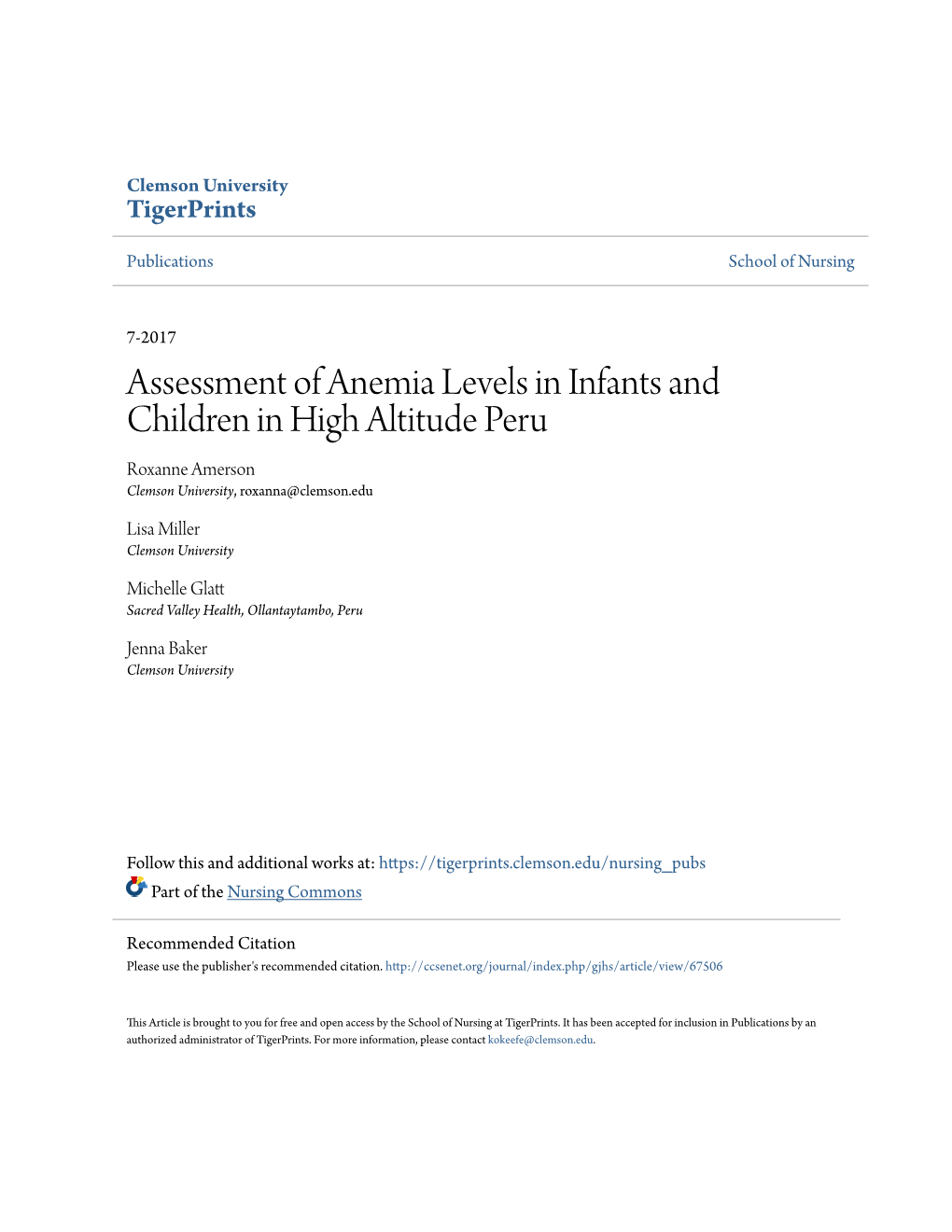 Assessment of Anemia Levels in Infants and Children in High Altitude Peru Roxanne Amerson Clemson University, Roxanna@Clemson.Edu