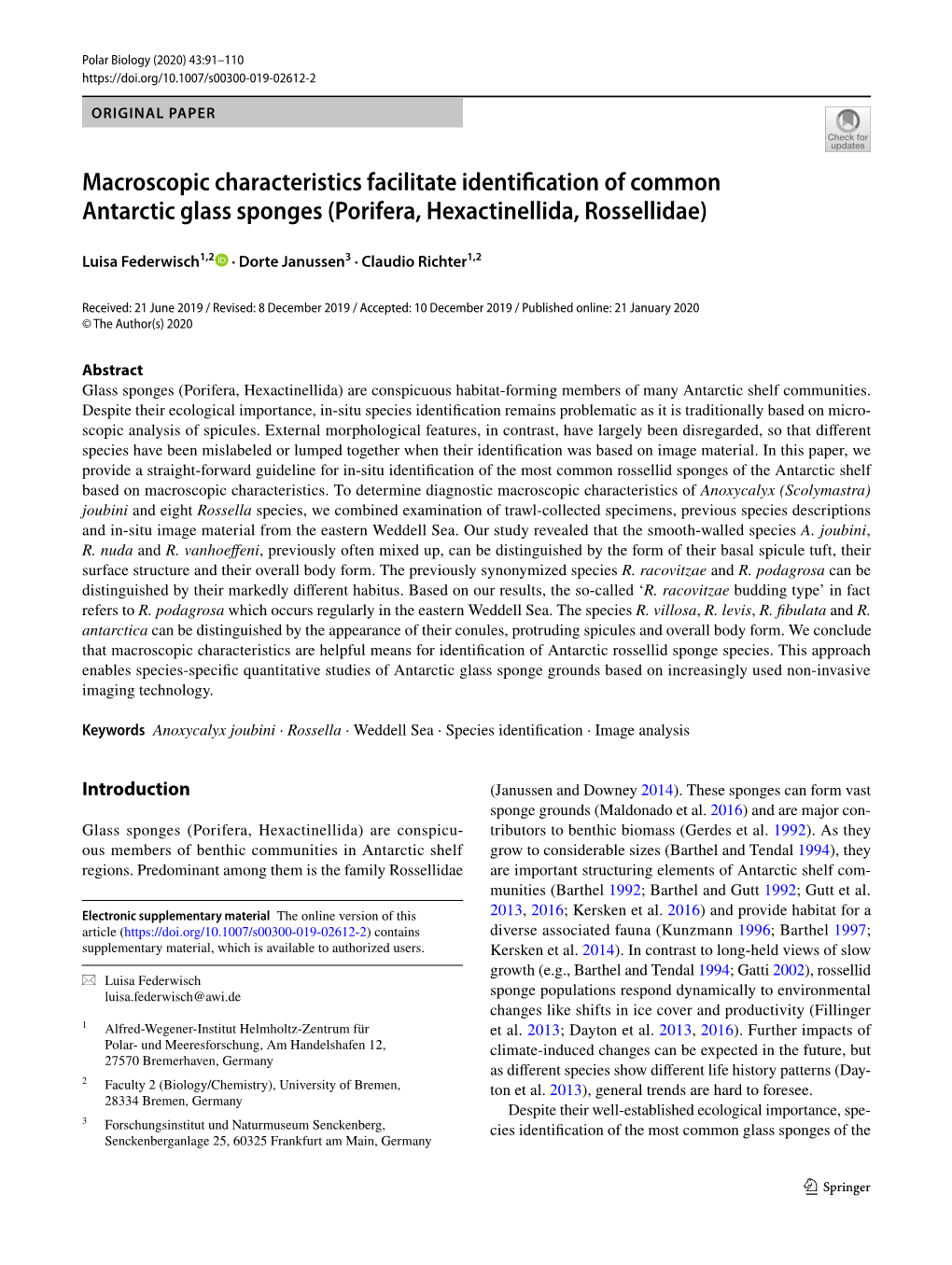 Macroscopic Characteristics Facilitate Identification of Common Antarctic Glass Sponges (Porifera, Hexactinellida, Rossellidae)