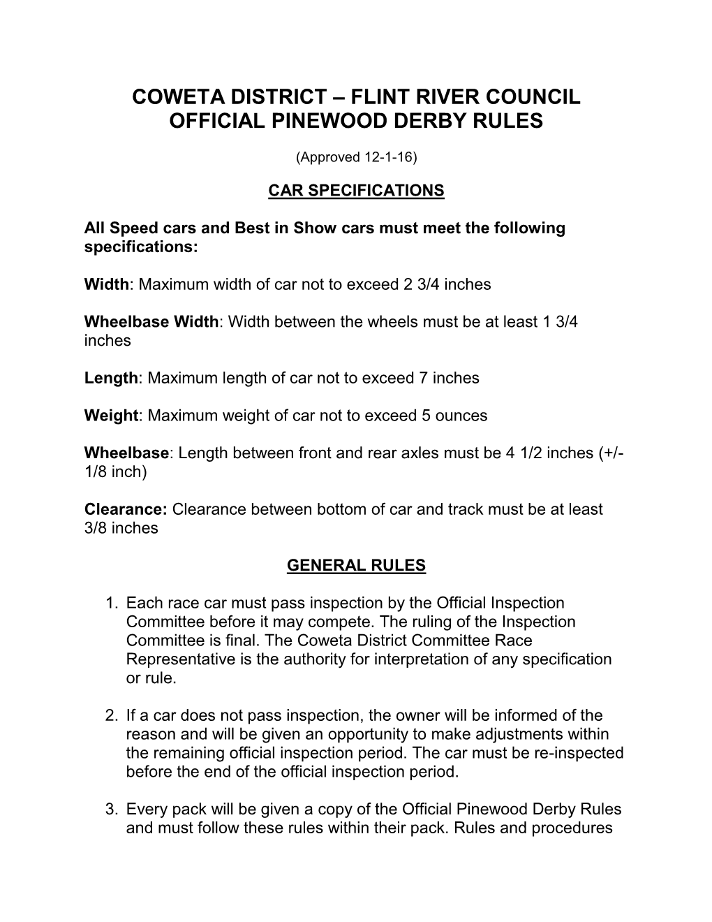 Coweta District – Flint River Council Official Pinewood Derby Rules