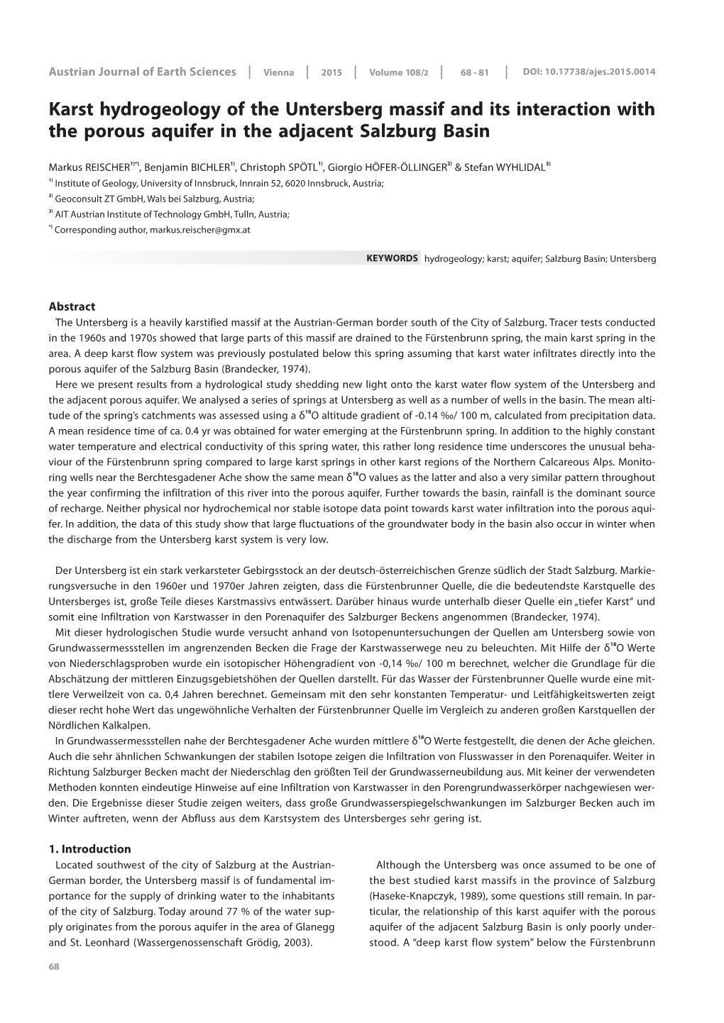 Karst Hydrogeology of the Untersberg Massif and Its Interaction with the Porous Aquifer in the Adjacent Salzburg Basin______