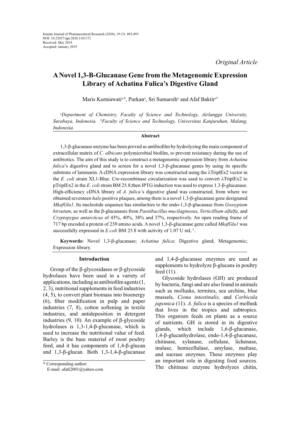 A Novel 1,3-Β-Glucanase Gene from the Metagenomic Expression Library of Achatina Fulica’S Digestive Gland