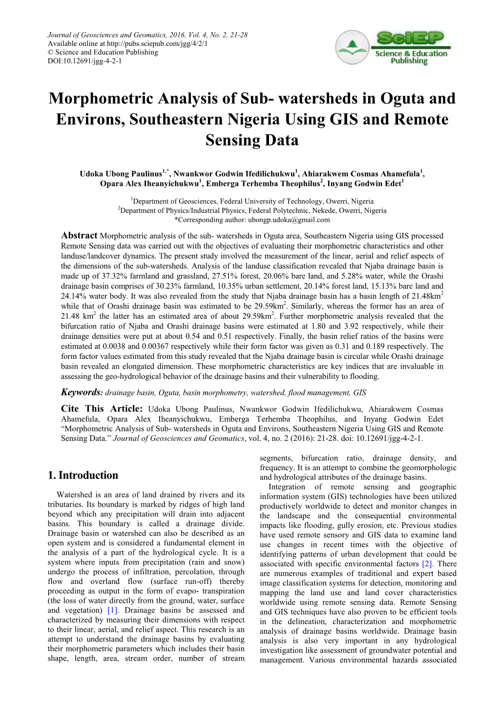 Morphometric Analysis of Sub- Watersheds in Oguta and Environs, Southeastern Nigeria Using GIS and Remote Sensing Data