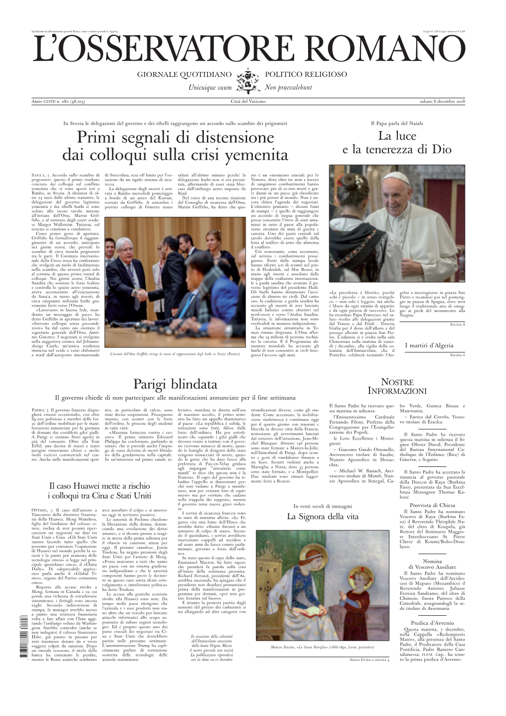 L'osservatore Romano, 8 Dicembre 2018