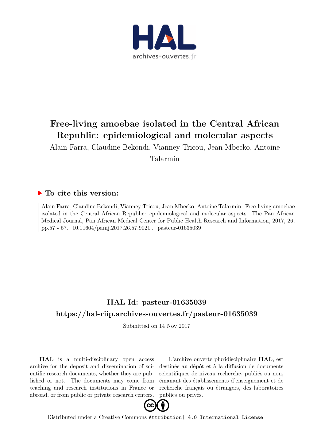 Free-Living Amoebae Isolated in the Central African Republic