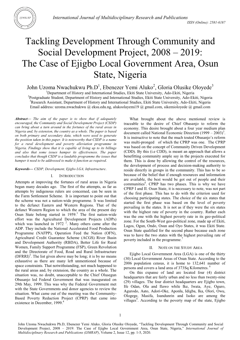 The Case of Ejigbo Local Government Area, Osun State, Nigeria