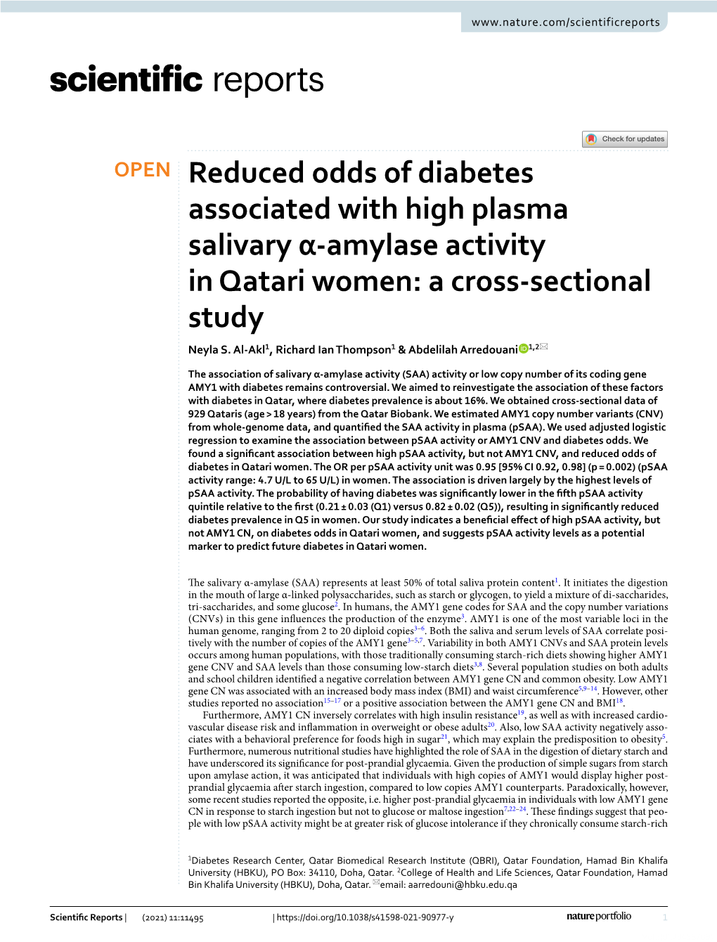 Reduced Odds of Diabetes Associated with High Plasma Salivary Α‑Amylase Activity in Qatari Women: a Cross‑Sectional Study Neyla S