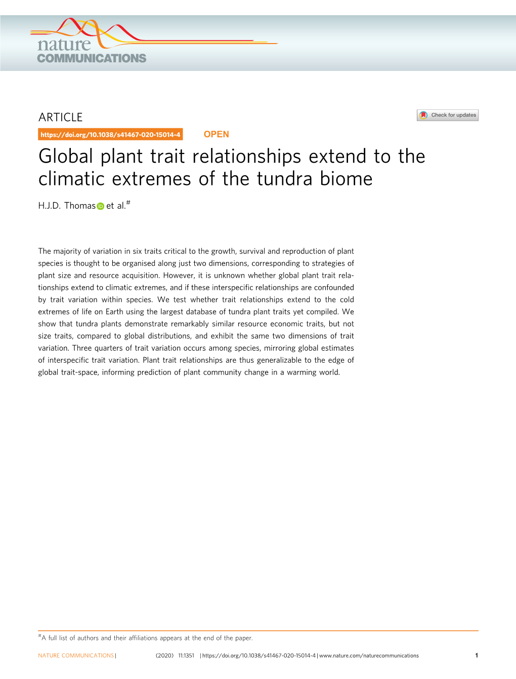 Global Plant Trait Relationships Extend to the Climatic Extremes of the Tundra Biome