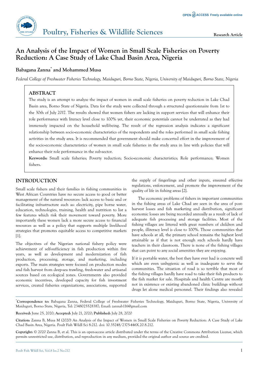 An Analysis of the Impact of Women in Small Scale Fisheries on Poverty Reduction: a Case Study of Lake Chad Basin Area, Nigeria