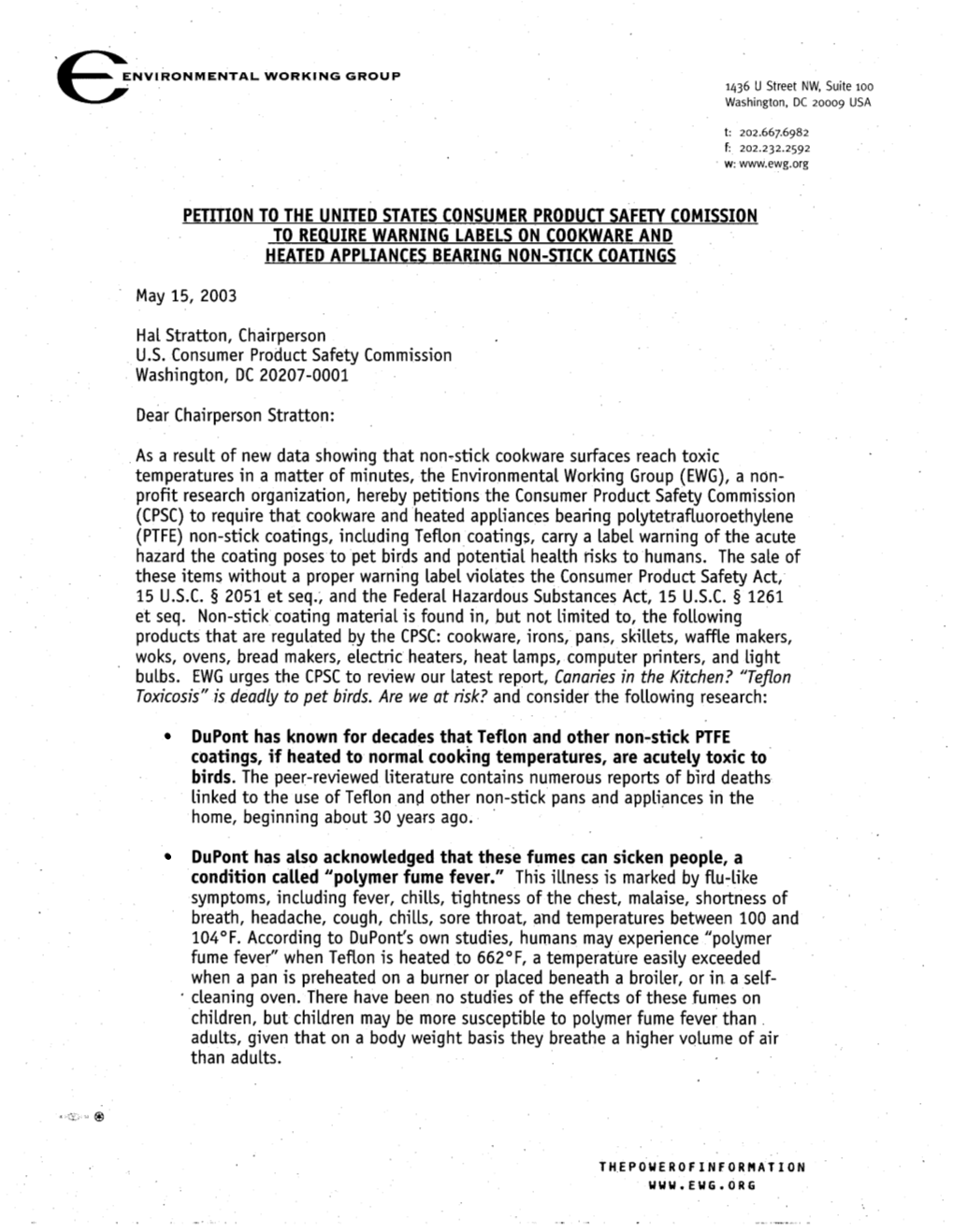 Petition to the United States Consumer Product Safety Comission to Require Warning Labels on Cookware and Heated Appliances Bearing Non-Stick Coatings