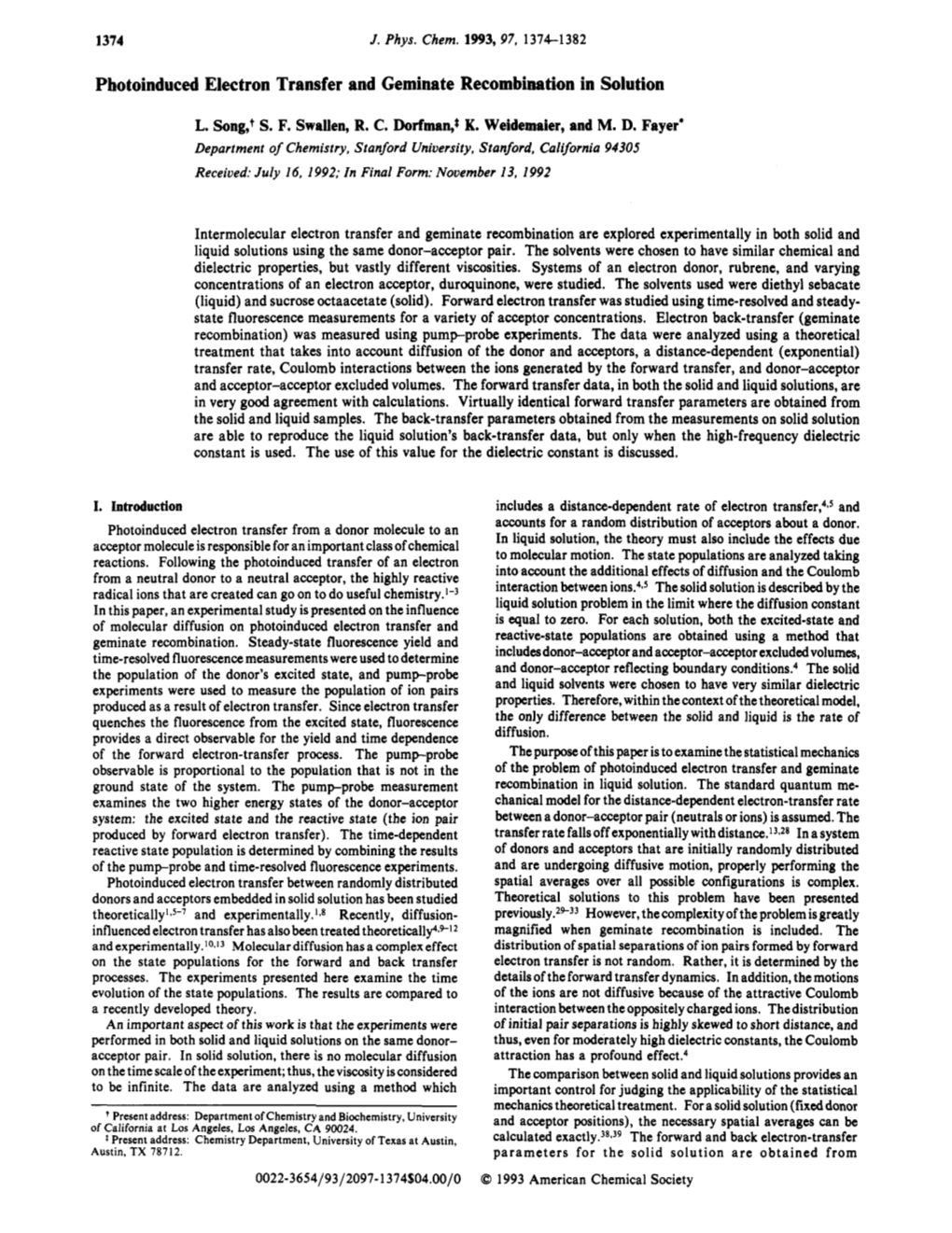 Photoinduced Electron Transfer and Geminate Recombination in Solution