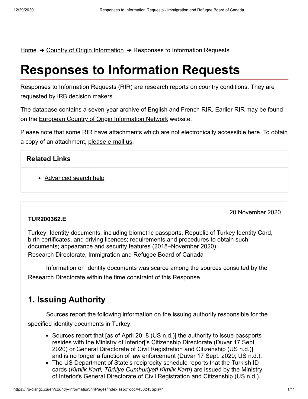 Responses to Information Requests - Immigration and Refugee Board of Canada