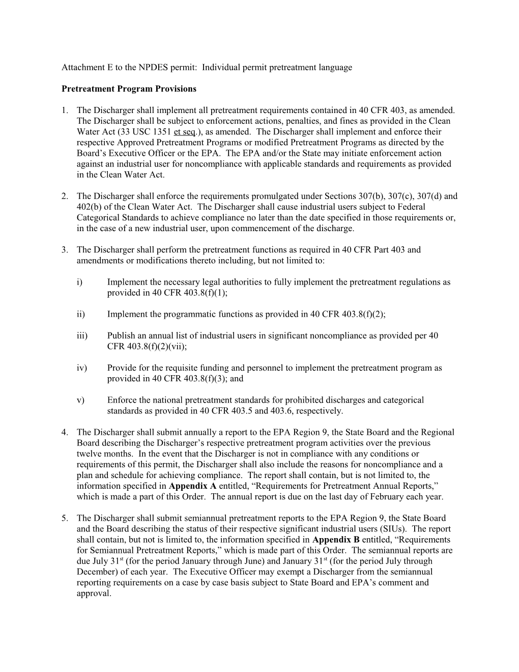 Attachment E to the NPDES Permit: Individual Permit Pretreatment Language