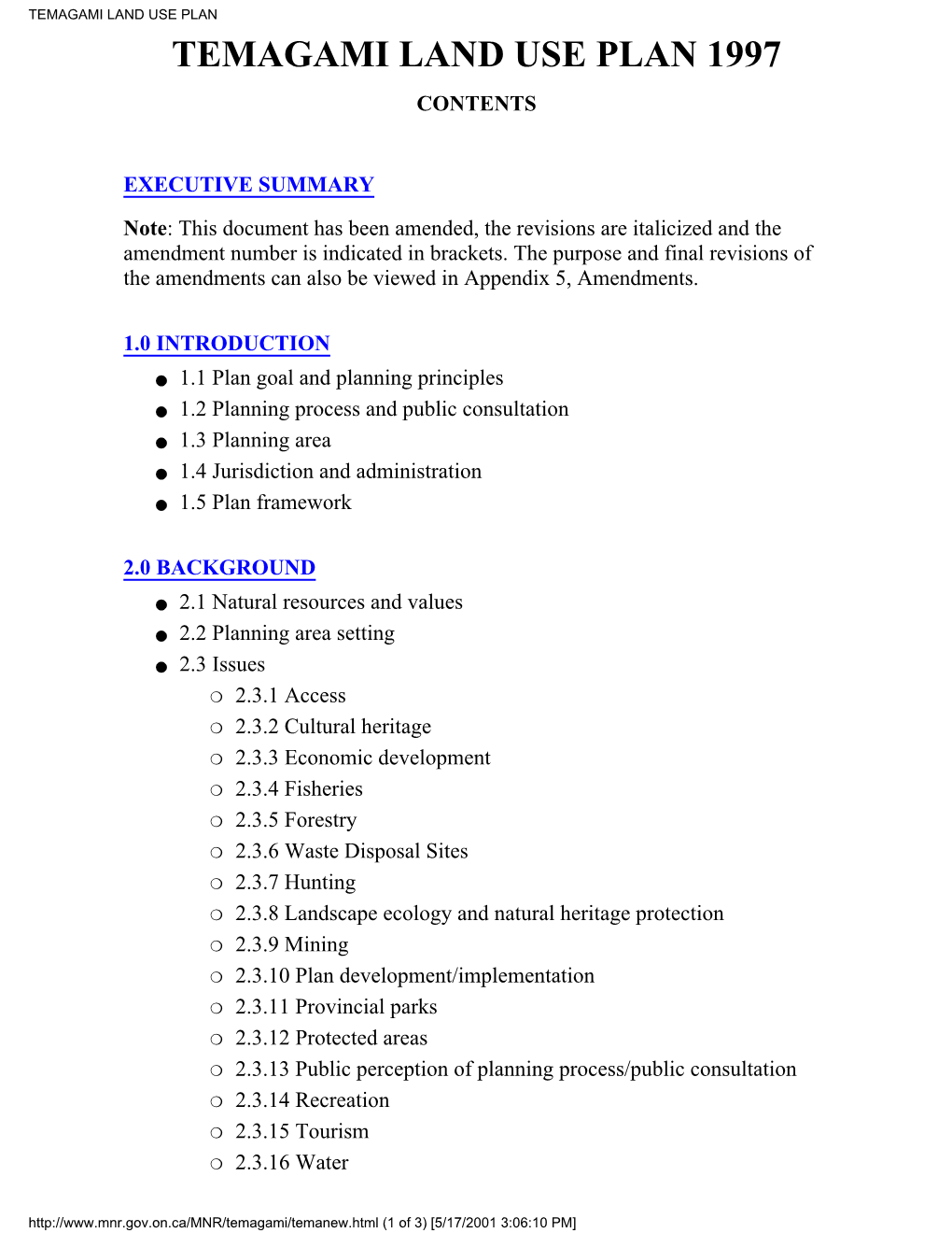 Temagami Land Use Plan Temagami Land Use Plan 1997 Contents