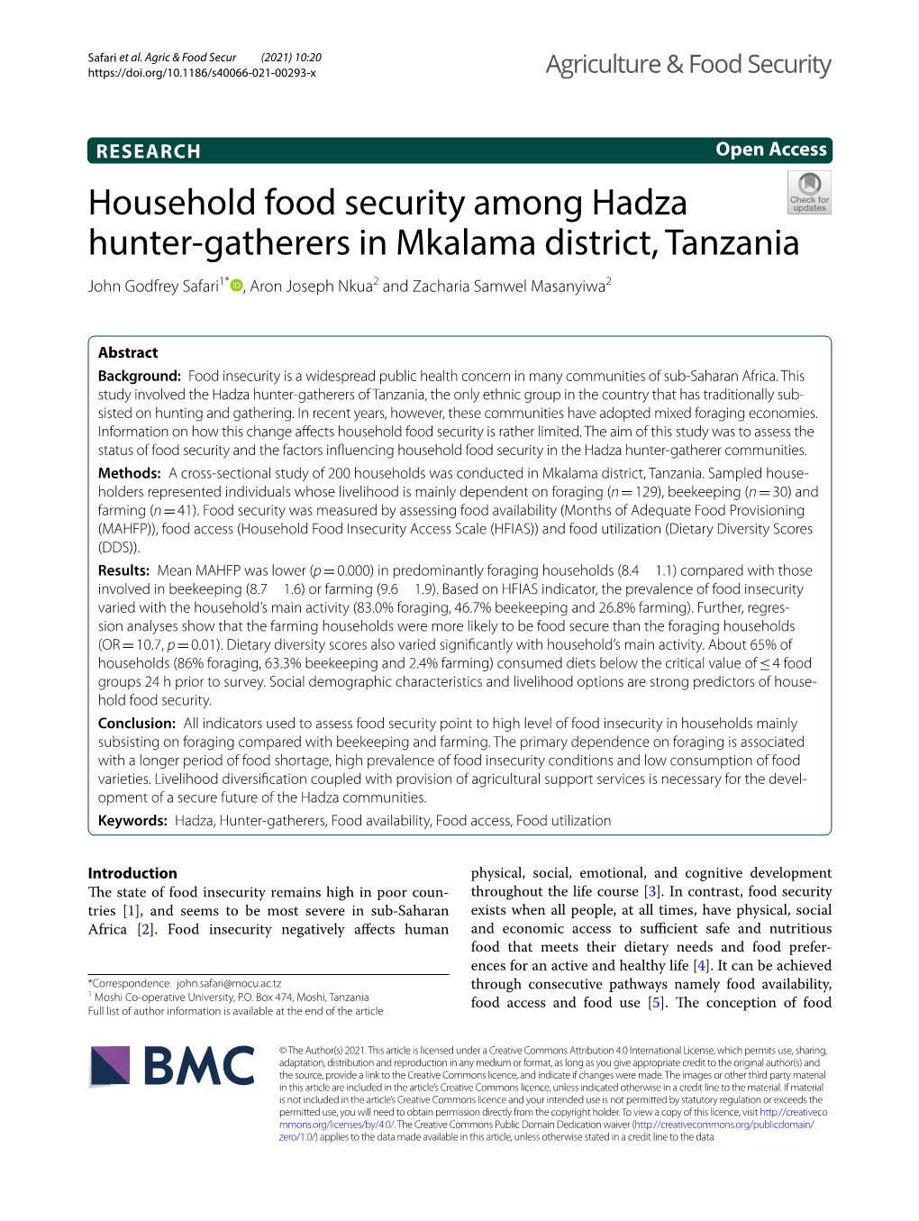 Household Food Security Among Hadza Hunter-Gatherers In