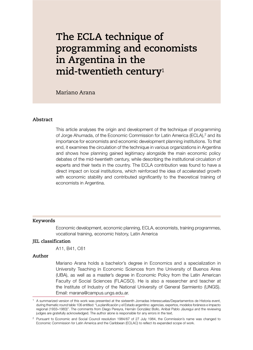 The ECLA Technique of Programming and Economists in Argentina in the Mid-Twentieth Century1