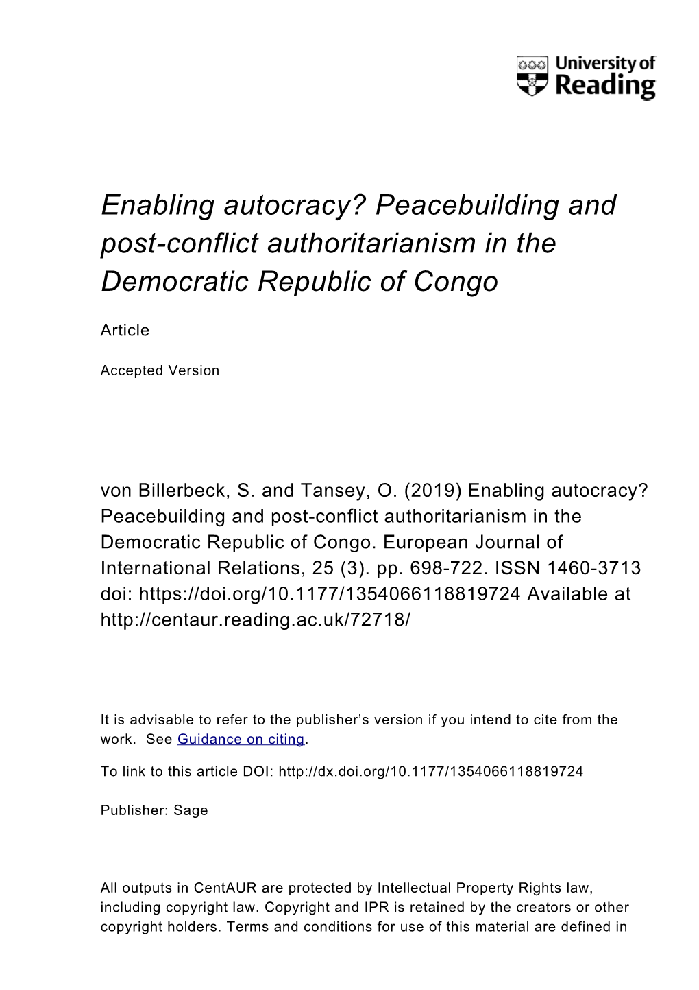 Enabling Autocracy? Peacebuilding and Post-Conflict Authoritarianism in the Democratic Republic of Congo