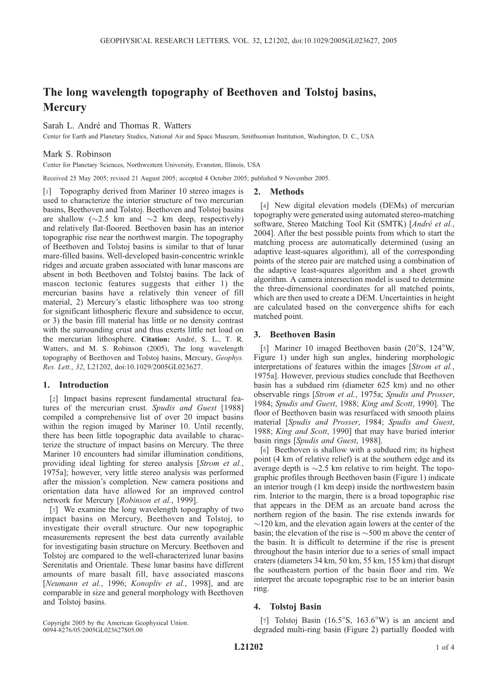 The Long Wavelength Topography of Beethoven and Tolstoj Basins, Mercury Sarah L