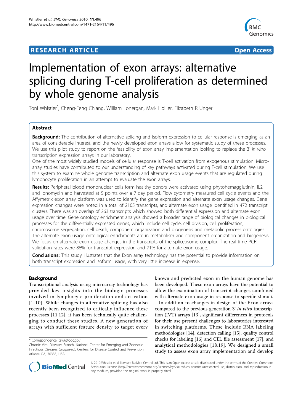 Implementation of Exon Arrays: Alternative Splicing During T-Cell Proliferation As Determined by Whole Genome Analysis