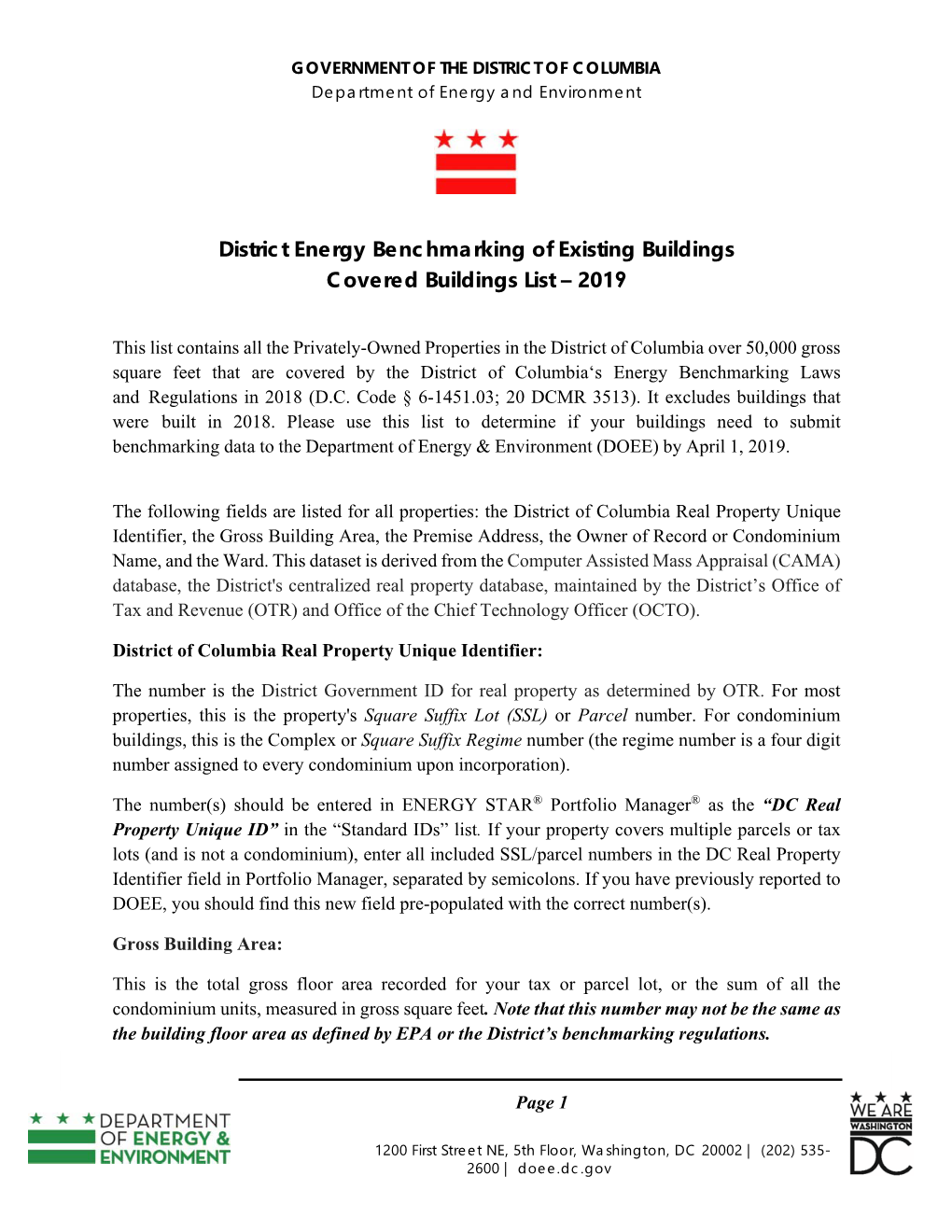 District Energy Benchmarking of Existing Buildings Covered Buildings List – 2019