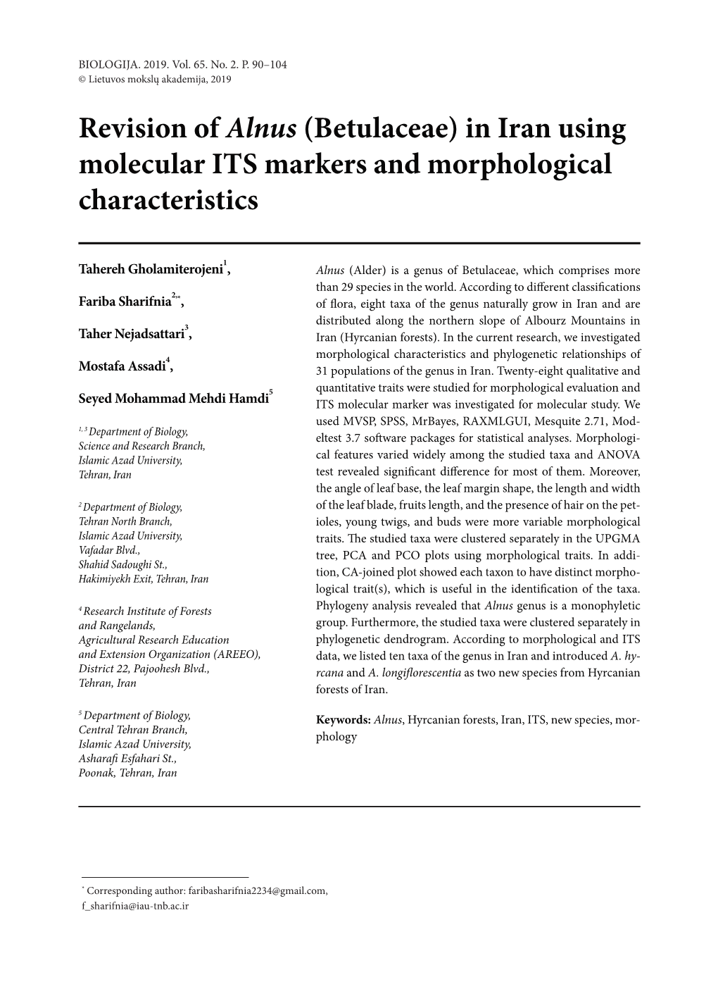 Revision of Alnus (Betulaceae) in Iran Using Molecular ITS Markers and Morphological Characteristics