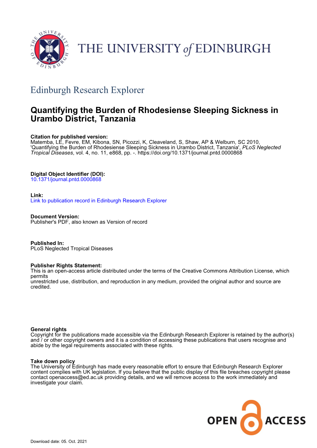 Quantifying the Burden of Rhodesiense Sleeping Sickness In