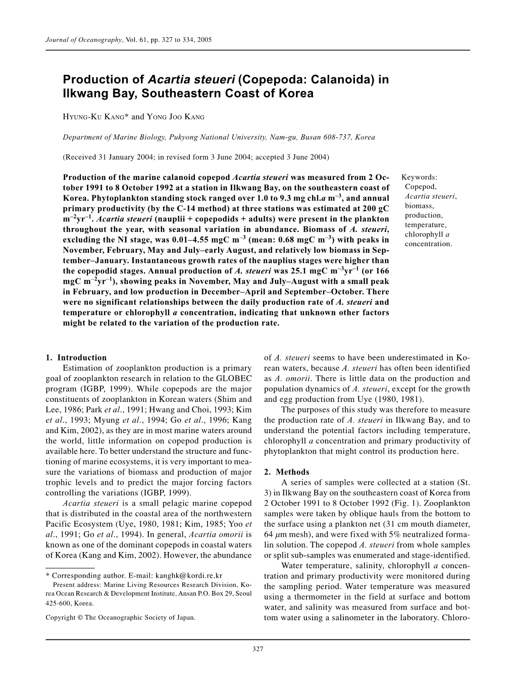 Production of Acartia Steueri (Copepoda: Calanoida) in Ilkwang Bay, Southeastern Coast of Korea