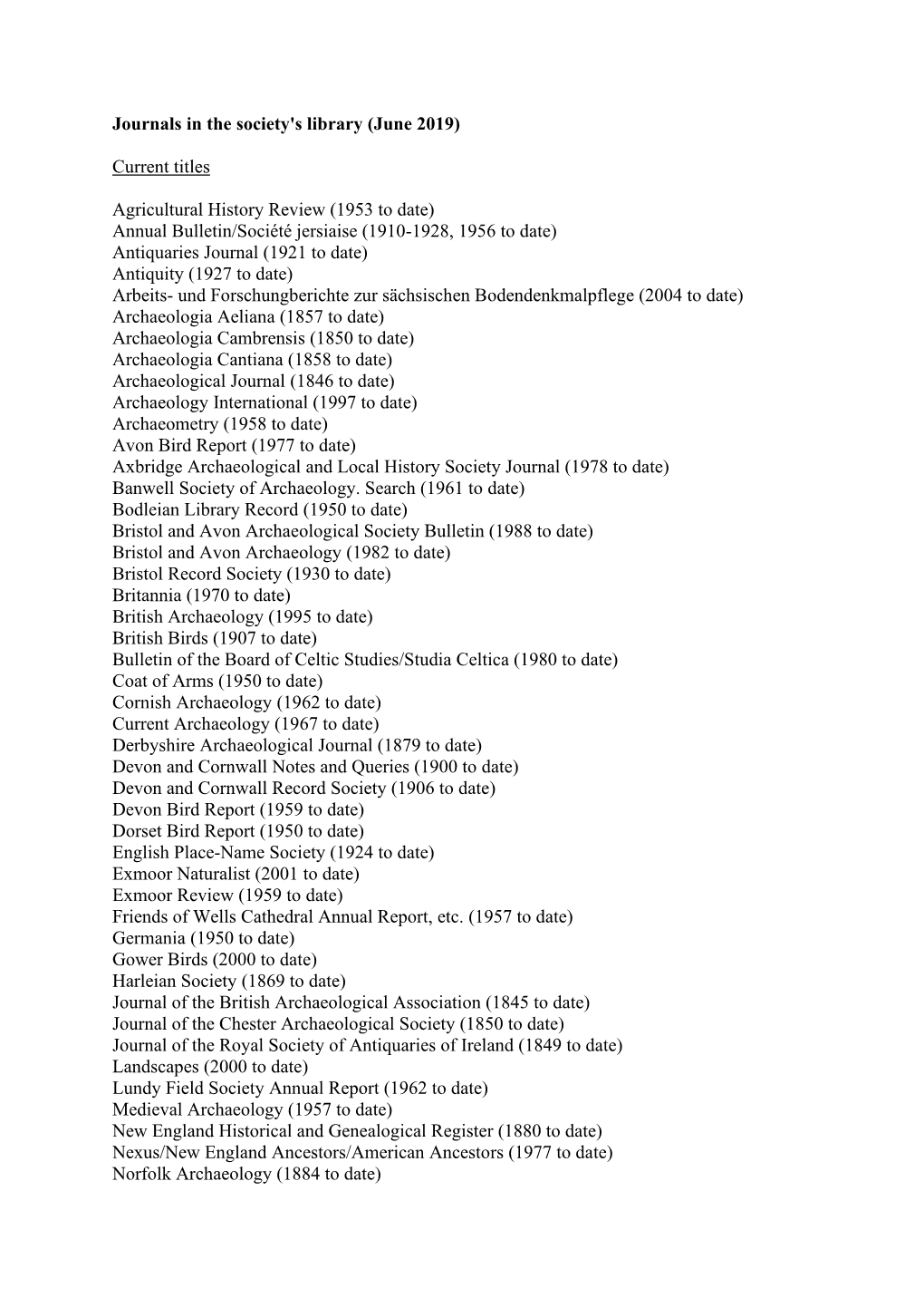 Journals in the Society's Library (June 2019)