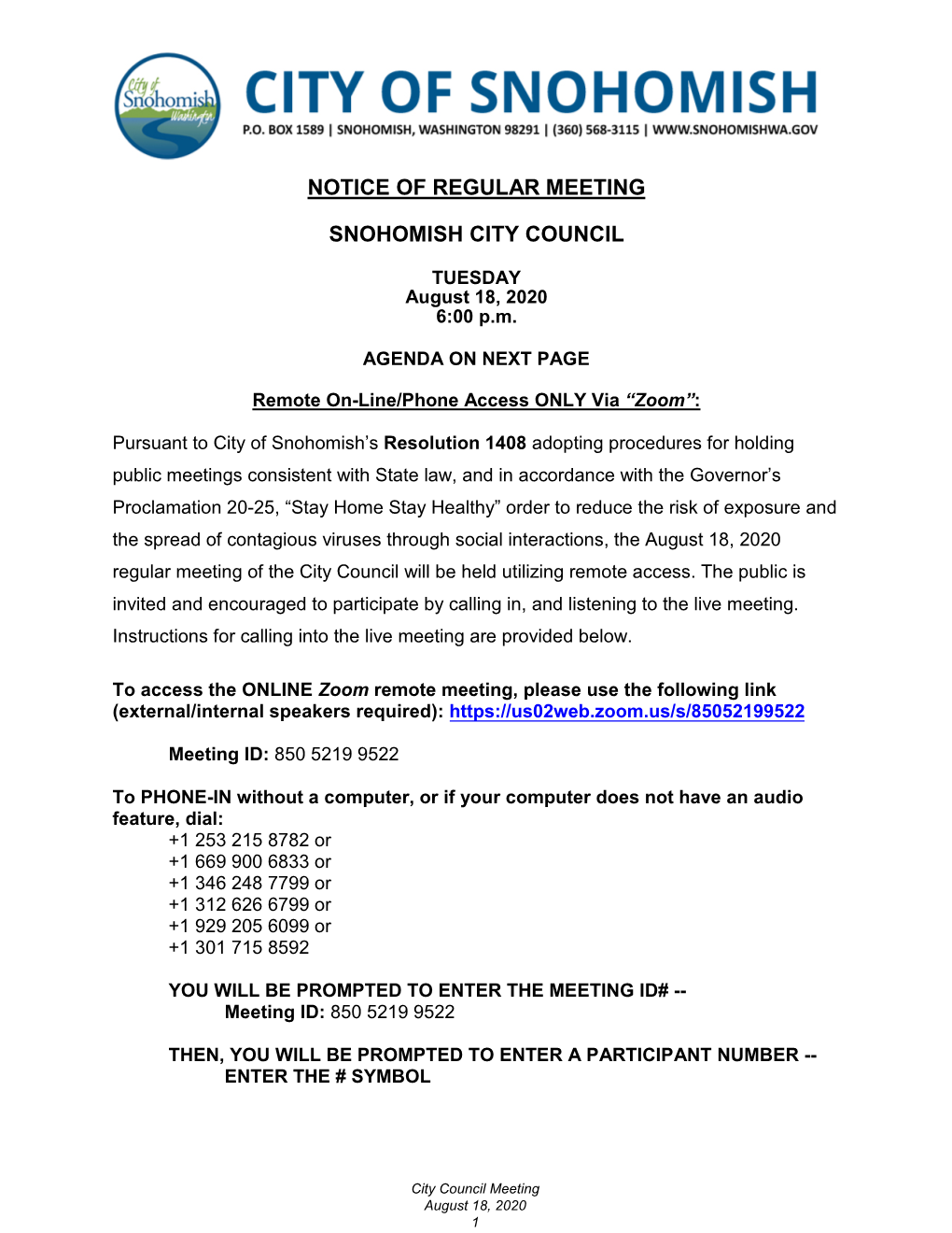 Notice of Regular Meeting Snohomish City Council