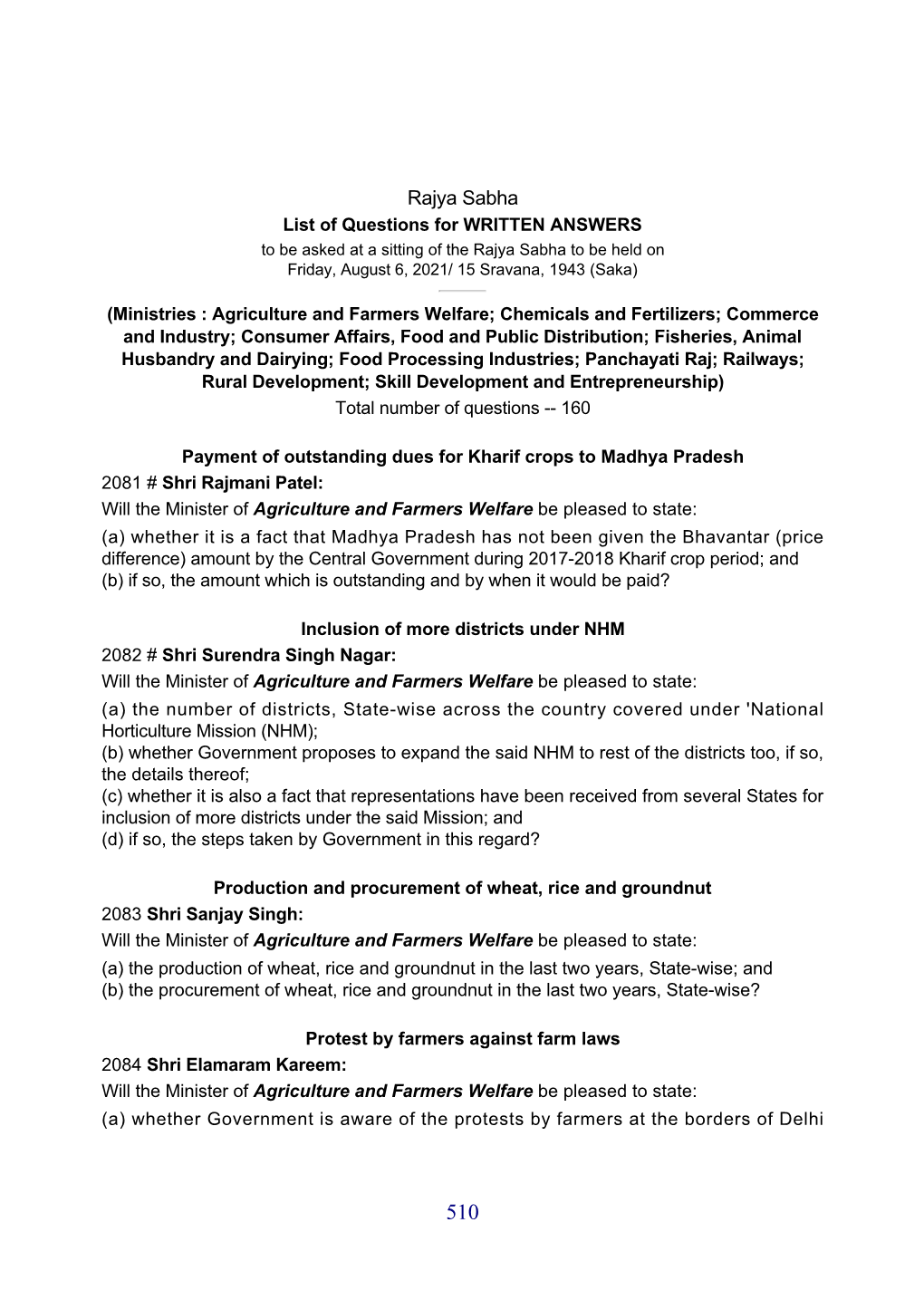 Rajya Sabha List of Questions for WRITTEN ANSWERS to Be Asked at a Sitting of the Rajya Sabha to Be Held on Friday, August 6, 2021/ 15 Sravana, 1943 (Saka)