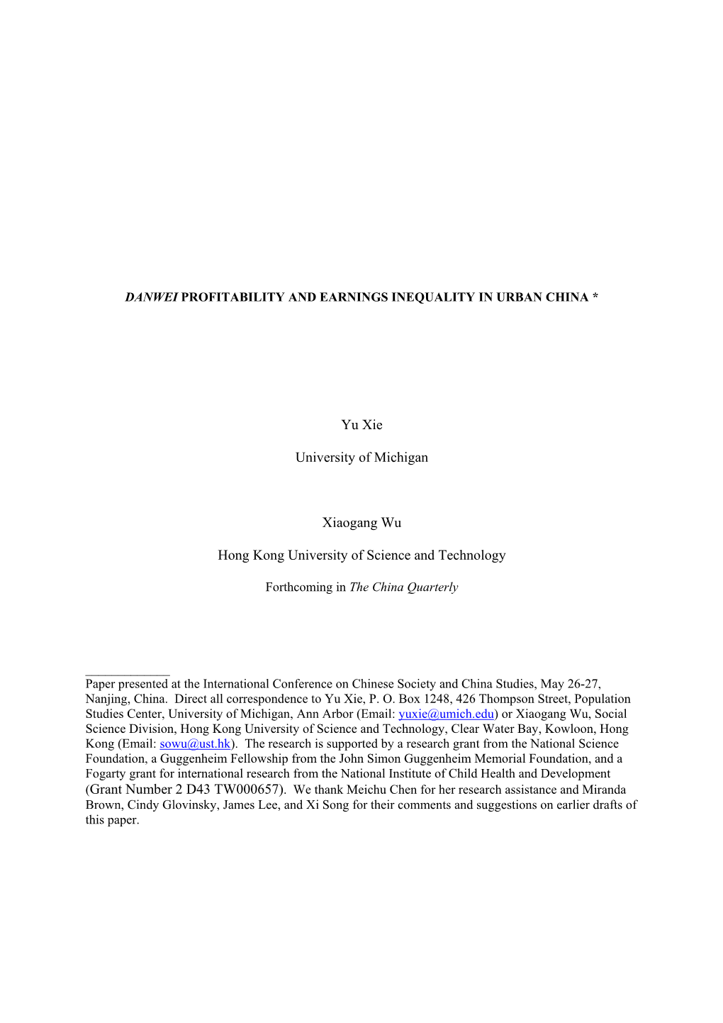 Danwei Profitability and Earnings Inequality in Urban China *