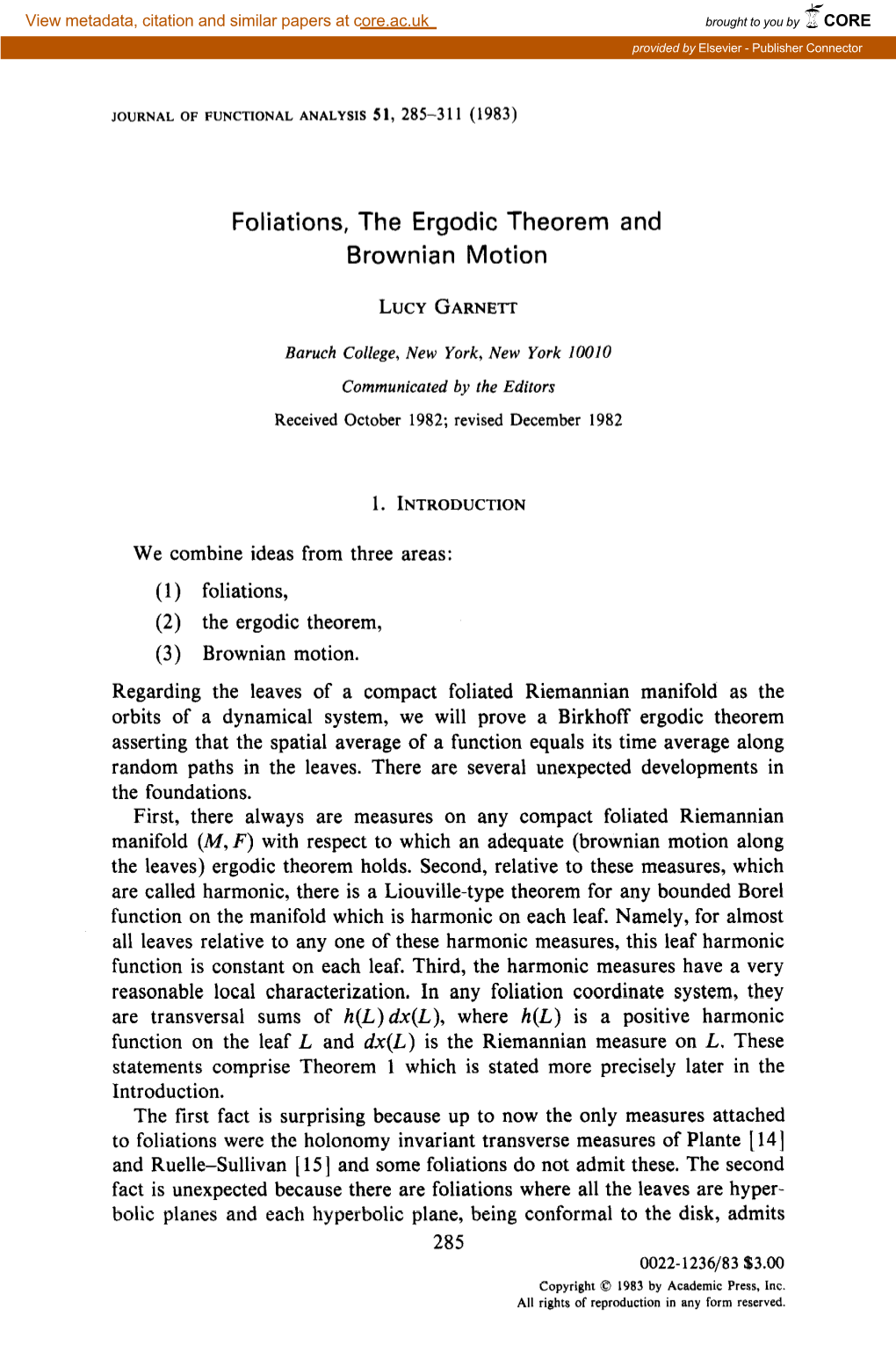 Foliations, the Ergodic Theorem and Brownian Motion