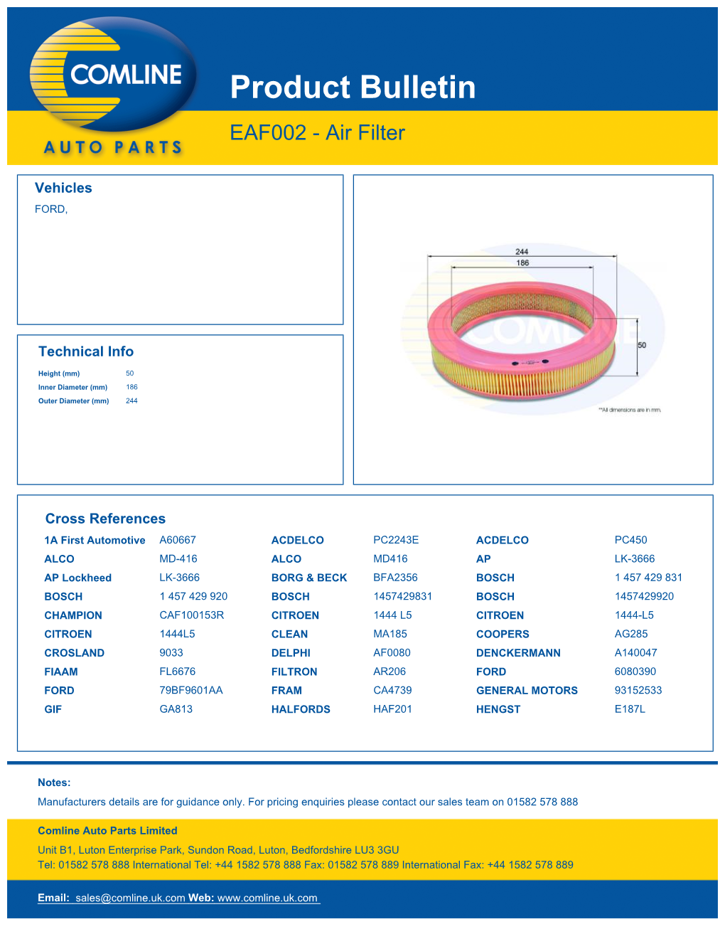 Product Bulletin EAF002 - Air Filter