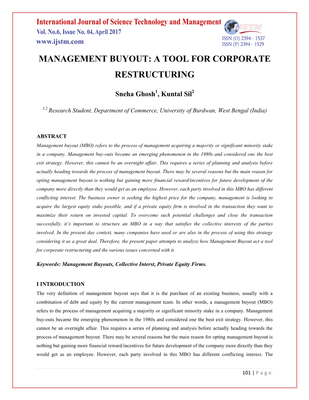 Management Buyout: a Tool for Corporate Restructuring