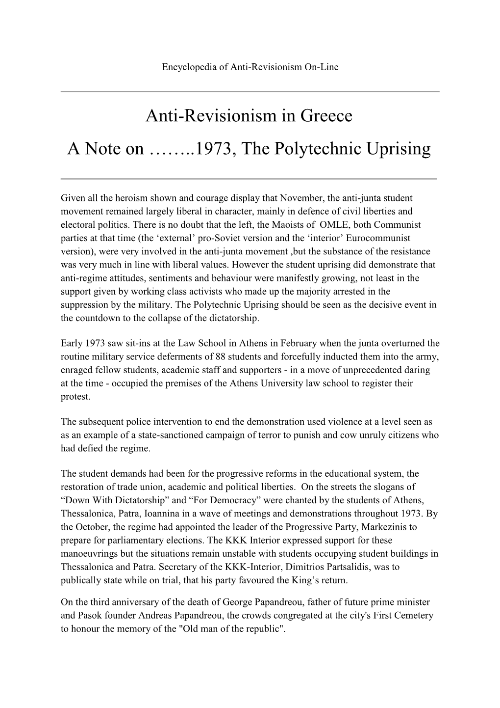 Anti-Revisionism in Greece a Note on ……..1973, the Polytechnic Uprising