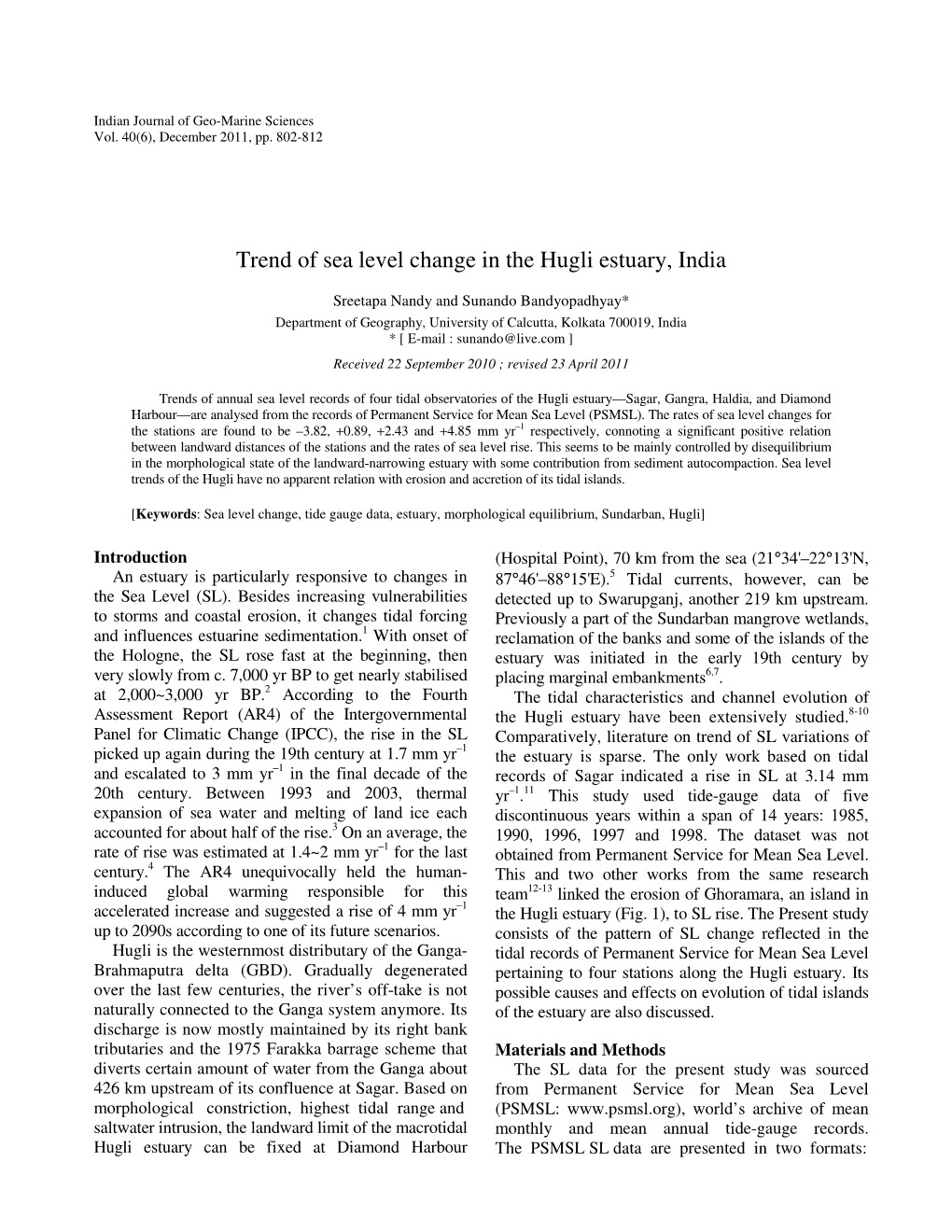 Trend of Sea Level Change in the Hugli Estuary, India