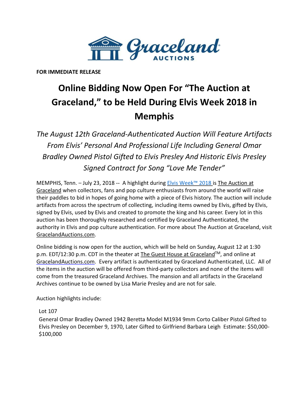 “The Auction at Graceland,” to Be Held During Elvis Week 2018 in Memphis