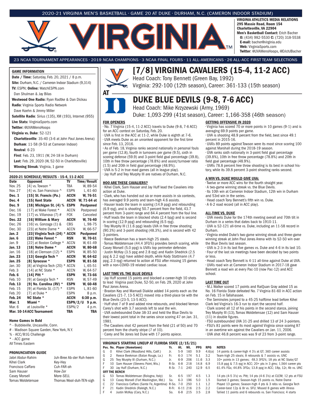 Virginia Cavaliers (15-4, 11-2 Acc) Duke Blue Devils