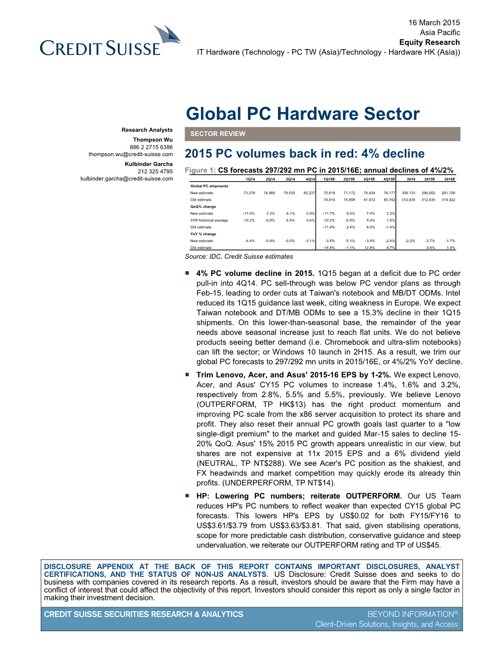 Global PC Hardware Sector Research Analysts SECTOR REVIEW