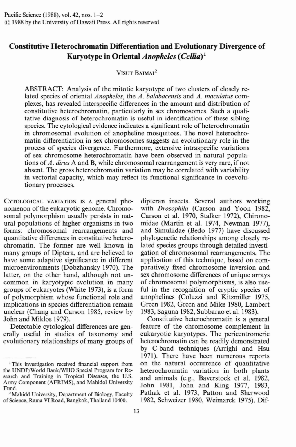 Constitutive Heterochromatin Differentiation and Evolutionary Divergence of Karyotype in Oriental Anopheles (Cellia) 1