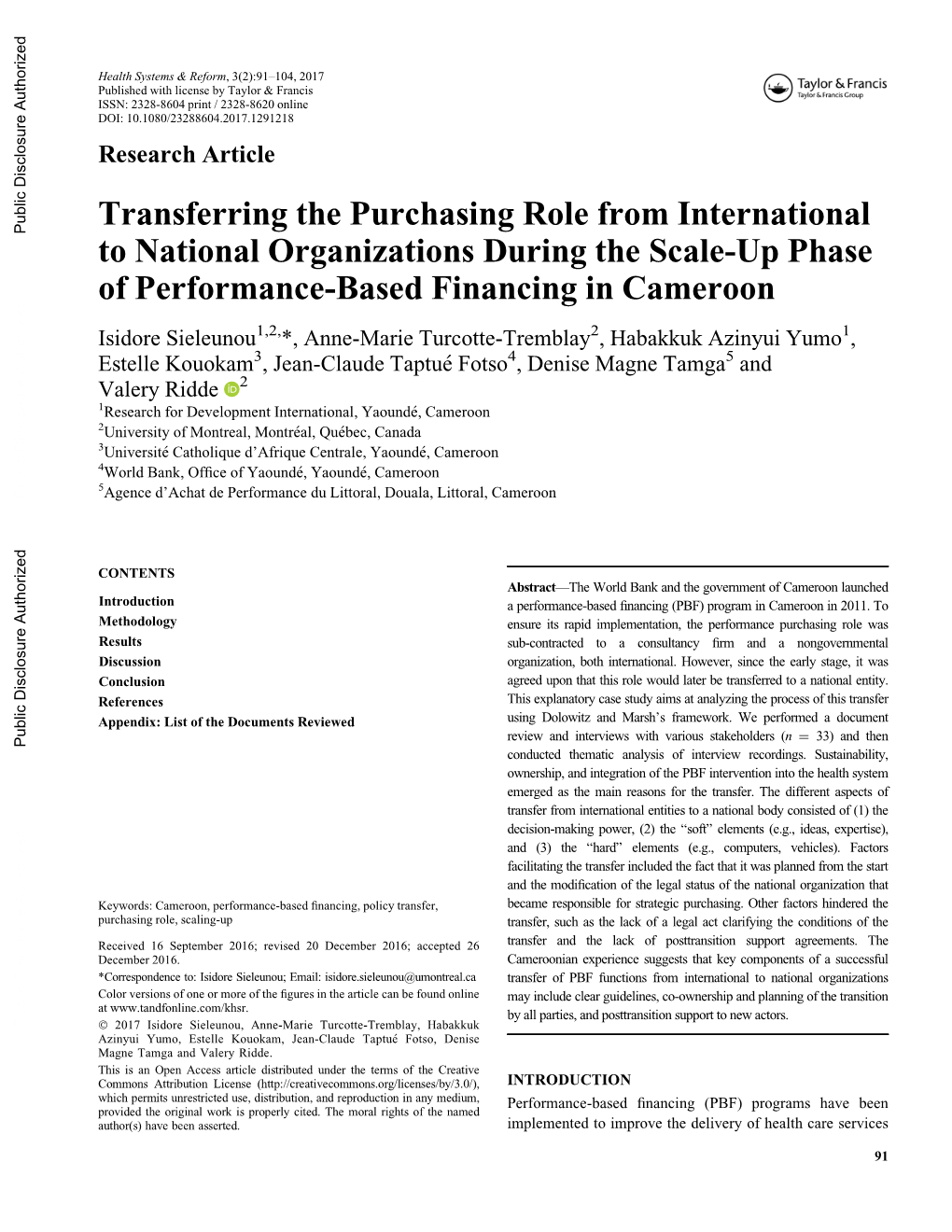 Transferring the Purchasing Role from International to National Organizations During the Scale-Up Phase of Performance-Based Financing in Cameroon